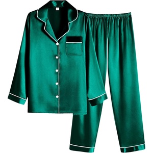 image:imageEkouaer Women Satin Pajamas Set Classic Button Down Long Pjs SetDeep Green 02