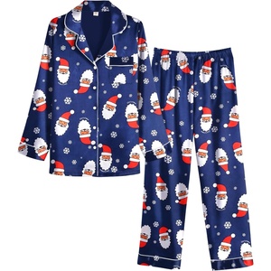 image:imageEkouaer Women Satin Pajamas Set Classic Button Down Long Pjs SetNavy Blue Christmas 02