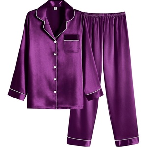 image:imageEkouaer Women Satin Pajamas Set Classic Button Down Long Pjs SetWineberry 02