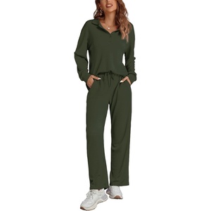 image:imageEkouaer Womens 2 Piece Matching Lounge Sets Fall Outfits 2025 Sweatsuit Waffle Knit Pajamas Sets Long Sleeve Sweater ClothesArmy Green