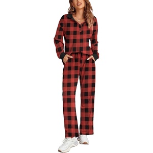 image:imageEkouaer Womens 2 Piece Matching Lounge Sets Fall Outfits 2025 Sweatsuit Waffle Knit Pajamas Sets Long Sleeve Sweater ClothesBlack and Red Plaid