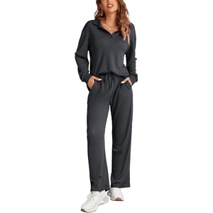 image:imageEkouaer Womens 2 Piece Matching Lounge Sets Fall Outfits 2025 Sweatsuit Waffle Knit Pajamas Sets Long Sleeve Sweater ClothesDark Grey