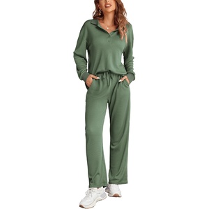 image:imageEkouaer Womens 2 Piece Matching Lounge Sets Fall Outfits 2025 Sweatsuit Waffle Knit Pajamas Sets Long Sleeve Sweater ClothesGreen