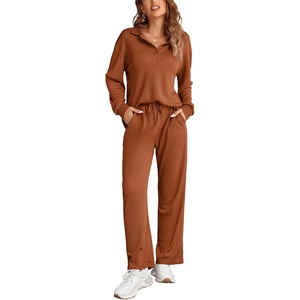 image:imageEkouaer Womens 2 Piece Matching Lounge Sets Fall Outfits 2025 Sweatsuit Waffle Knit Pajamas Sets Long Sleeve Sweater ClothesLight Brown
