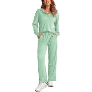 image:imageEkouaer Womens 2 Piece Matching Lounge Sets Fall Outfits 2025 Sweatsuit Waffle Knit Pajamas Sets Long Sleeve Sweater ClothesLight Green