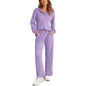image:imageEkouaer Womens 2 Piece Matching Lounge Sets Fall Outfits 2025 Sweatsuit Waffle Knit Pajamas Sets Long Sleeve Sweater ClothesLilac