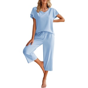 image:imageEkouaer Womens Cotton Pajamas Sets Short Sleeve Tops and Capri Pants Sleepwear Loungewear with PocketsBaby Blue