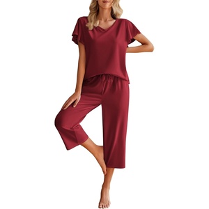 image:imageEkouaer Womens Cotton Pajamas Sets Short Sleeve Tops and Capri Pants Sleepwear Loungewear with PocketsBurgundy
