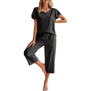 image:imageEkouaer Womens Cotton Pajamas Sets Short Sleeve Tops and Capri Pants Sleepwear Loungewear with PocketsDark Gray