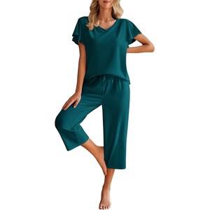 image:imageEkouaer Womens Cotton Pajamas Sets Short Sleeve Tops and Capri Pants Sleepwear Loungewear with PocketsMarine Blue