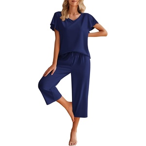 image:imageEkouaer Womens Cotton Pajamas Sets Short Sleeve Tops and Capri Pants Sleepwear Loungewear with PocketsNavy Blue