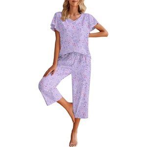 image:imageEkouaer Womens Cotton Pajamas Sets Short Sleeve Tops and Capri Pants Sleepwear Loungewear with PocketsPurple Love Star