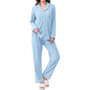 image:imageEkouaer Womens Fleece Pajama Sets Long Sleeve Button Down Twopiece Sleepwear Soft Lounge SetLight Blue