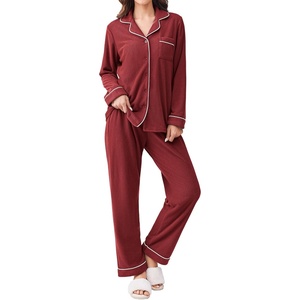 image:imageEkouaer Womens Fleece Pajama Sets Long Sleeve Button Down Twopiece Sleepwear Soft Lounge SetMaroon Red