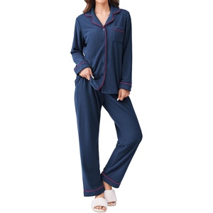 image:imageEkouaer Womens Fleece Pajama Sets Long Sleeve Button Down Twopiece Sleepwear Soft Lounge SetNavy Blue