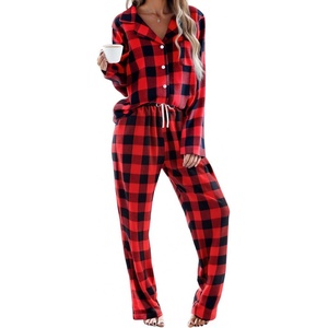 image:imageEkouaer Womens Pajama Sets 2 Piece Cotton Plaid Pjs Long Sleeve Sleepwear Button Down Lounge Set with PocketsBig Black Red Plaid