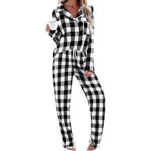 image:imageEkouaer Womens Pajama Sets 2 Piece Cotton Plaid Pjs Long Sleeve Sleepwear Button Down Lounge Set with PocketsBlack White Plaid