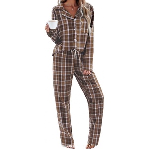 image:imageEkouaer Womens Pajama Sets 2 Piece Cotton Plaid Pjs Long Sleeve Sleepwear Button Down Lounge Set with PocketsDark Brown Plaid