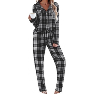 image:imageEkouaer Womens Pajama Sets 2 Piece Cotton Plaid Pjs Long Sleeve Sleepwear Button Down Lounge Set with PocketsGray Black Plaid