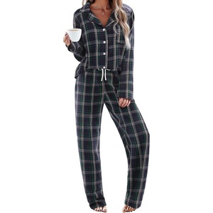 image:imageEkouaer Womens Pajama Sets 2 Piece Cotton Plaid Pjs Long Sleeve Sleepwear Button Down Lounge Set with PocketsNavy BlueGreen Plaid