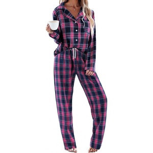image:imageEkouaer Womens Pajama Sets 2 Piece Cotton Plaid Pjs Long Sleeve Sleepwear Button Down Lounge Set with PocketsPink Blue Plaid