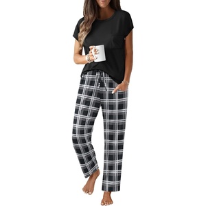 image:imageEkouaer Womens Pajama Sets Cap Sleeve Sleepwear Tops and Long Pants Comfy Pjs 2 Piece Lounge Set with Pockets SXXLBlack Plaid