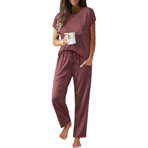 image:imageEkouaer Womens Pajama Sets Cap Sleeve Sleepwear Tops and Long Pants Comfy Pjs 2 Piece Lounge Set with Pockets SXXLDeep Red