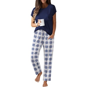 image:imageEkouaer Womens Pajama Sets Cap Sleeve Sleepwear Tops and Long Pants Comfy Pjs 2 Piece Lounge Set with Pockets SXXLNavy Blue Plaid