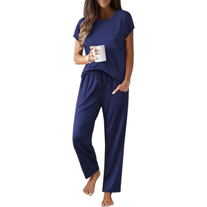 image:imageEkouaer Womens Pajama Sets Cap Sleeve Sleepwear Tops and Long Pants Comfy Pjs 2 Piece Lounge Set with Pockets SXXLNavy Blue1