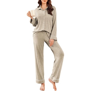 image:imageEkouaer Womens Pajama Sets Long Sleeve Ribbed Knit Lounge Set Button Down Soft 2 Piece Pjs With PocketsChampagne