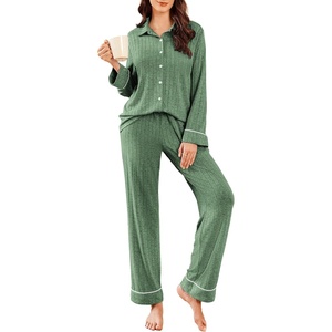 image:imageEkouaer Womens Pajama Sets Long Sleeve Ribbed Knit Lounge Set Button Down Soft 2 Piece Pjs With PocketsGreen