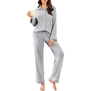 image:imageEkouaer Womens Pajama Sets Long Sleeve Ribbed Knit Lounge Set Button Down Soft 2 Piece Pjs With PocketsLight Grey