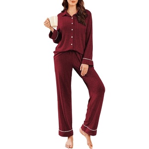 image:imageEkouaer Womens Pajama Sets Long Sleeve Ribbed Knit Lounge Set Button Down Soft 2 Piece Pjs With PocketsWine Red