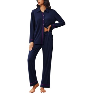 image:imageEkouaer Womens Pajama Sets Long Sleeve Sleepwear Soft Button Down Pjs 2 Piece Loungewear witn Pants SXXLNavy