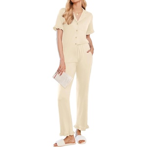 image:imageEkouaer Womens Pajama Sets Ruffle Button Up Pj Sets 2 Piece Short Sleeve Pants Lounge Set with PocketsBeige