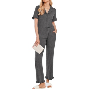 image:imageEkouaer Womens Pajama Sets Ruffle Button Up Pj Sets 2 Piece Short Sleeve Pants Lounge Set with PocketsDark Gray