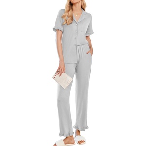 image:imageEkouaer Womens Pajama Sets Ruffle Button Up Pj Sets 2 Piece Short Sleeve Pants Lounge Set with PocketsLight Gray
