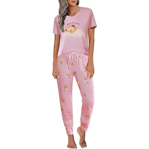 image:imageEkouaer Womens Pajamas Set 2 Piece Lounge Pj Set Short Sleeve Sleepwear Tops with Joggers Pants Loungewear Print NightwearBlue Teddy