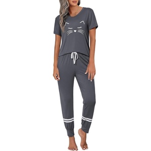 image:imageEkouaer Womens Pajamas Set 2 Piece Lounge Pj Set Short Sleeve Sleepwear Tops with Joggers Pants Loungewear Print NightwearDeep Grey