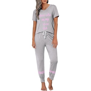 image:imageEkouaer Womens Pajamas Set 2 Piece Lounge Pj Set Short Sleeve Sleepwear Tops with Joggers Pants Loungewear Print NightwearLight Grey2