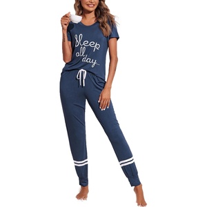 image:imageEkouaer Womens Pajamas Set 2 Piece Lounge Pj Set Short Sleeve Sleepwear Tops with Joggers Pants Loungewear Print NightwearNavy