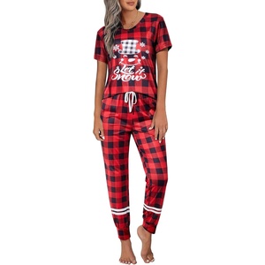 image:imageEkouaer Womens Pajamas Set 2 Piece Lounge Pj Set Short Sleeve Sleepwear Tops with Joggers Pants Loungewear Print NightwearPattern1red Plaid