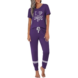 image:imageEkouaer Womens Pajamas Set 2 Piece Lounge Pj Set Short Sleeve Sleepwear Tops with Joggers Pants Loungewear Print NightwearPurple
