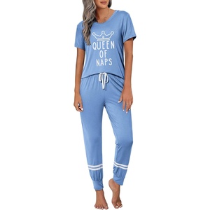 image:imageEkouaer Womens Pajamas Set 2 Piece Lounge Pj Set Short Sleeve Sleepwear Tops with Joggers Pants Loungewear Print NightwearSky Blue