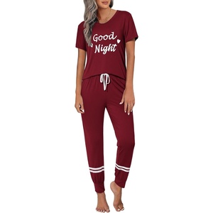 image:imageEkouaer Womens Pajamas Set 2 Piece Lounge Pj Set Short Sleeve Sleepwear Tops with Joggers Pants Loungewear Print NightwearWine Red