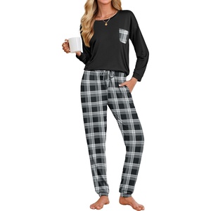 image:imageEkouaer Womens Pajamas Set Long Sleeve Christmas PJ Sets Soft Lounge Set for Women Sleepwear Joggers with PocketsBlack and Dark Gray Plaid