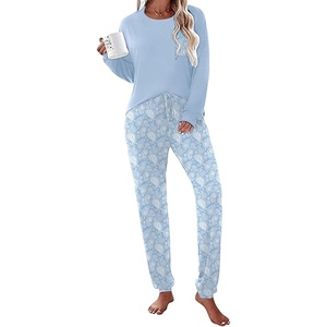 image:imageEkouaer Womens Pajamas Set Long Sleeve Christmas PJ Sets Soft Lounge Set for Women Sleepwear Joggers with PocketsBlue Flowers