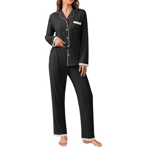 image:imageEkouaer Womens Pajamas Set Long Sleeve Sleepwear Button Down Lounge Set 2 Pieces Soft Nightwear Lace Pjs SetBlack