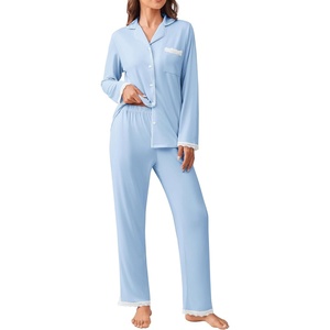 image:imageEkouaer Womens Pajamas Set Long Sleeve Sleepwear Button Down Lounge Set 2 Pieces Soft Nightwear Lace Pjs SetClear Blue