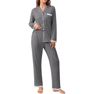 image:imageEkouaer Womens Pajamas Set Long Sleeve Sleepwear Button Down Lounge Set 2 Pieces Soft Nightwear Lace Pjs SetDeep Grey